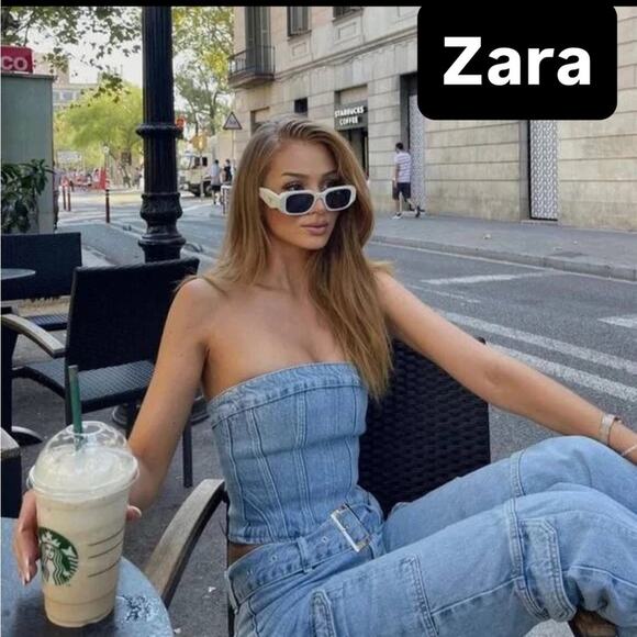 Zara Blue Denim Strapless NWOT Size Small - Picture 1 of 13